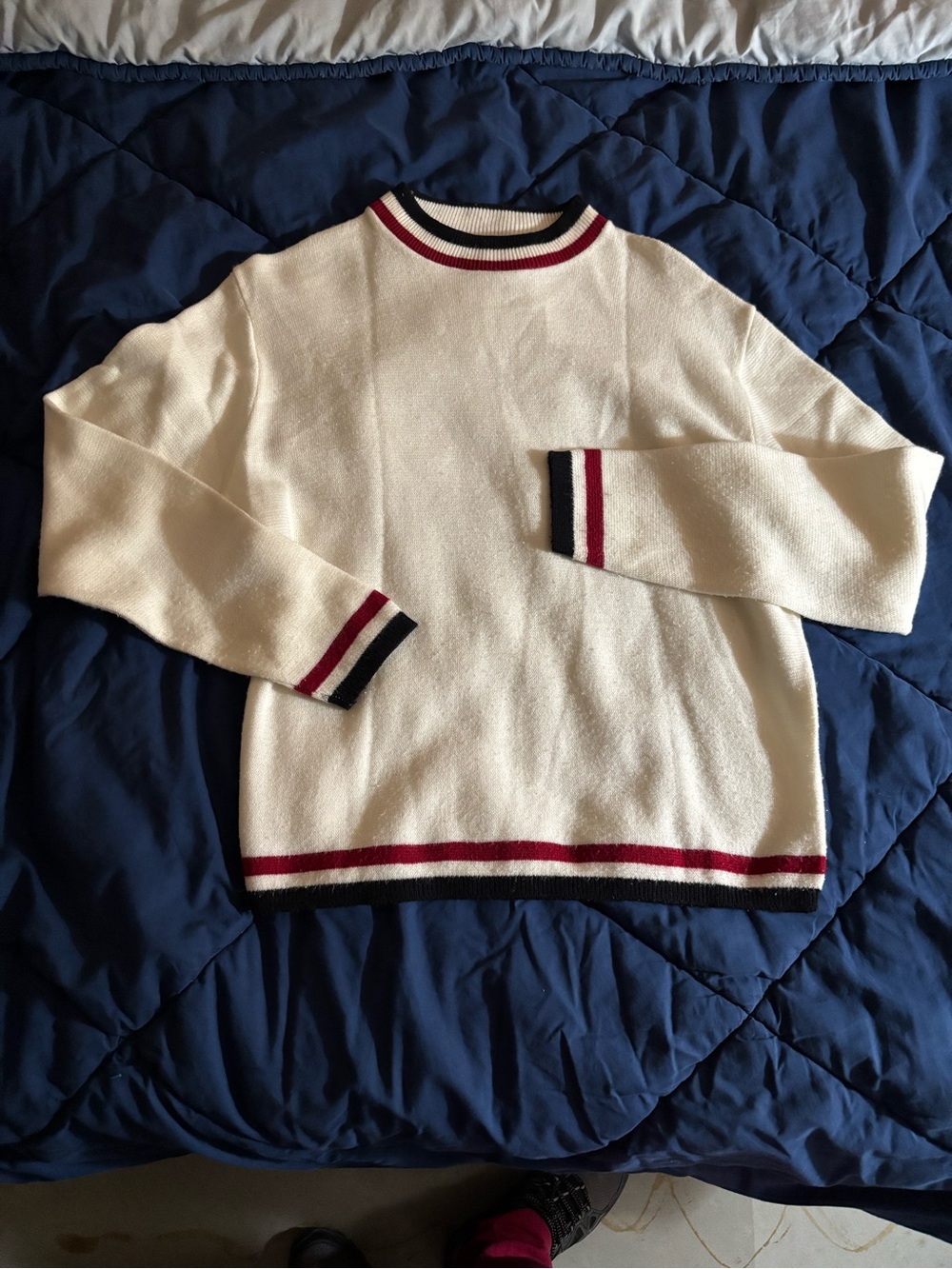 Puritan Cream Sweater with Bowling Red and Blue Strips Edge - Picture 2 of 16